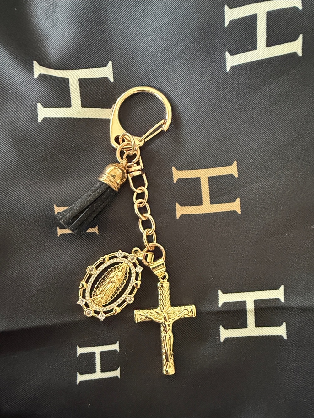 Gold-Tone Religious Tassel Keychain with Black Tassel handmade